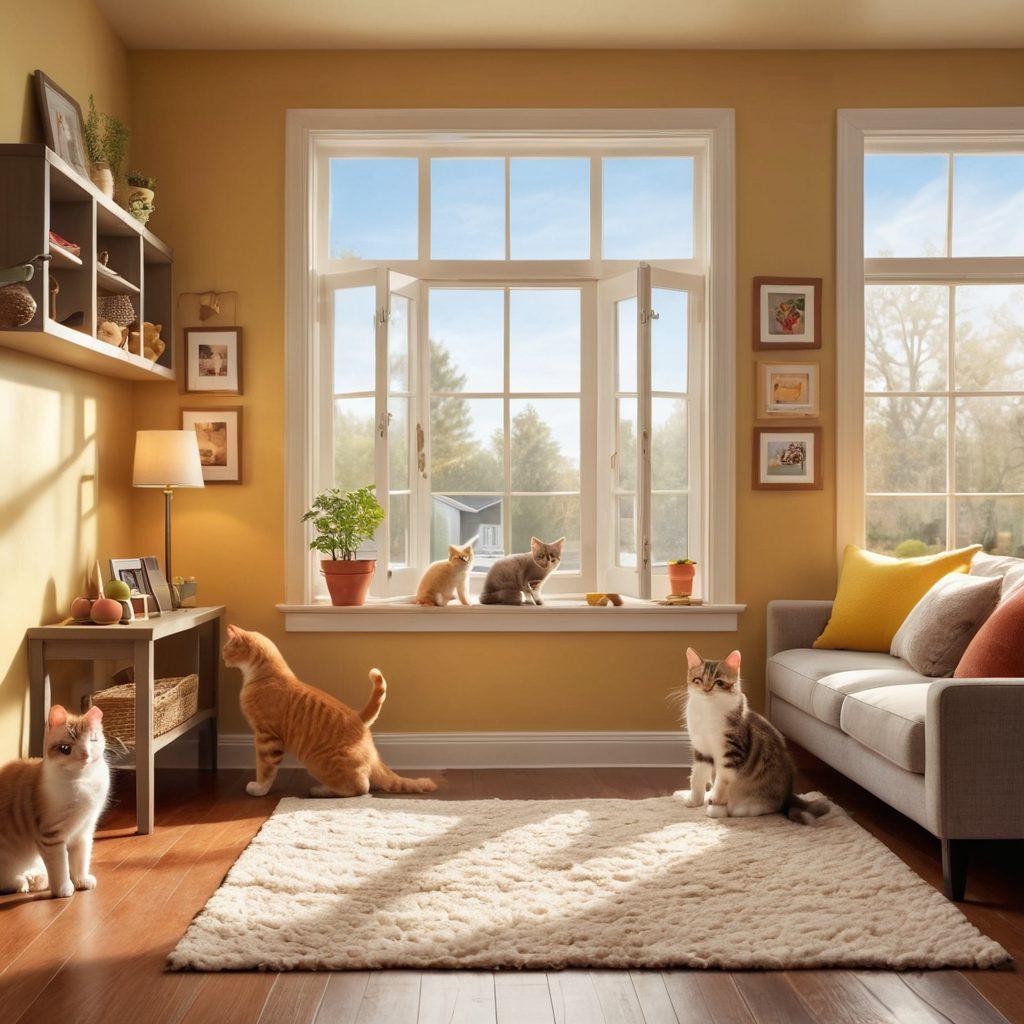 A heartwarming scene of a cozy living room where a family is joyfully interacting with playful kittens. Soft sunlight filters through a window, casting a warm glow on the furniture and creating a serene atmosphere. The kittens are playfully climbing on a cat tree and being cuddled by children, showcasing a strong bond of companionship. Include elements like a pet adoption poster on the wall and toys scattered around, symbolizing the journey from rescue to a loving home. super-realistic. vibrant colors. warm tones.