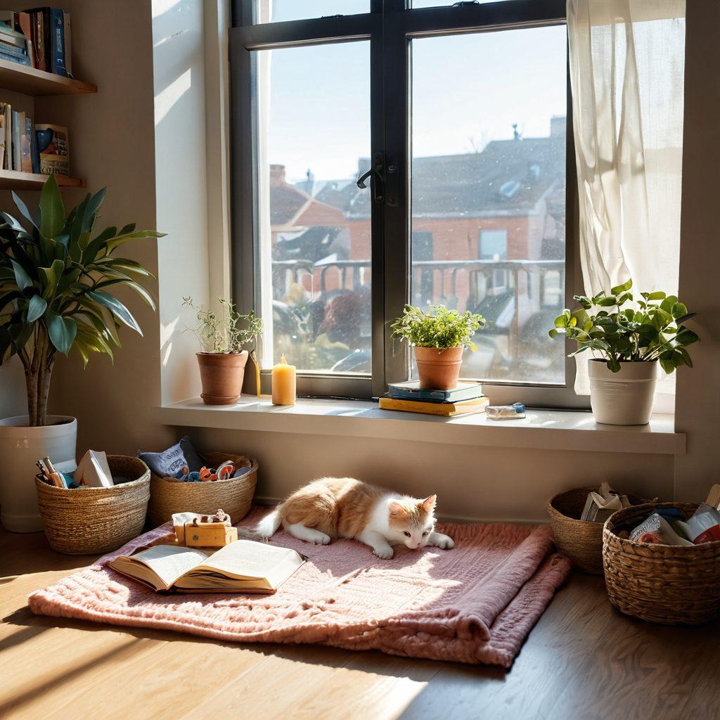 A cozy corner of a home featuring a playful kitten exploring its new space, surrounded by essential care items like a soft bed, toys, food bowls, and a scratching post. Sunlight streams in through a window, creating a warm atmosphere, with colorful blankets and an open book on a side table. Illustrate the joy and companionship of pet ownership. super-realistic. vibrant colors. warm lighting.