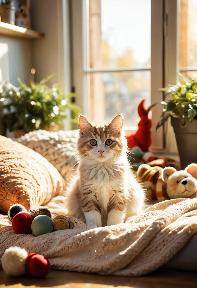 A cozy scene featuring a fluffy kitten snuggled up with a person on a soft blanket, surrounded by playful toys and catnip. The atmosphere should evoke warmth, affection, and tranquility, with golden sunlight streaming through a window. Include soft pillows and a heart-shaped kitty bed in the background. super-realistic. vibrant colors. warm tones.
